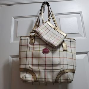 White and plaid Coach Bag and wristlet